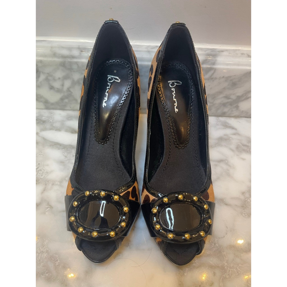 Y2K Bourne London Leopard Pony Hair Patent Leather Peep Toe Stiletto Heels Sz 37 - Picture 7 of 9